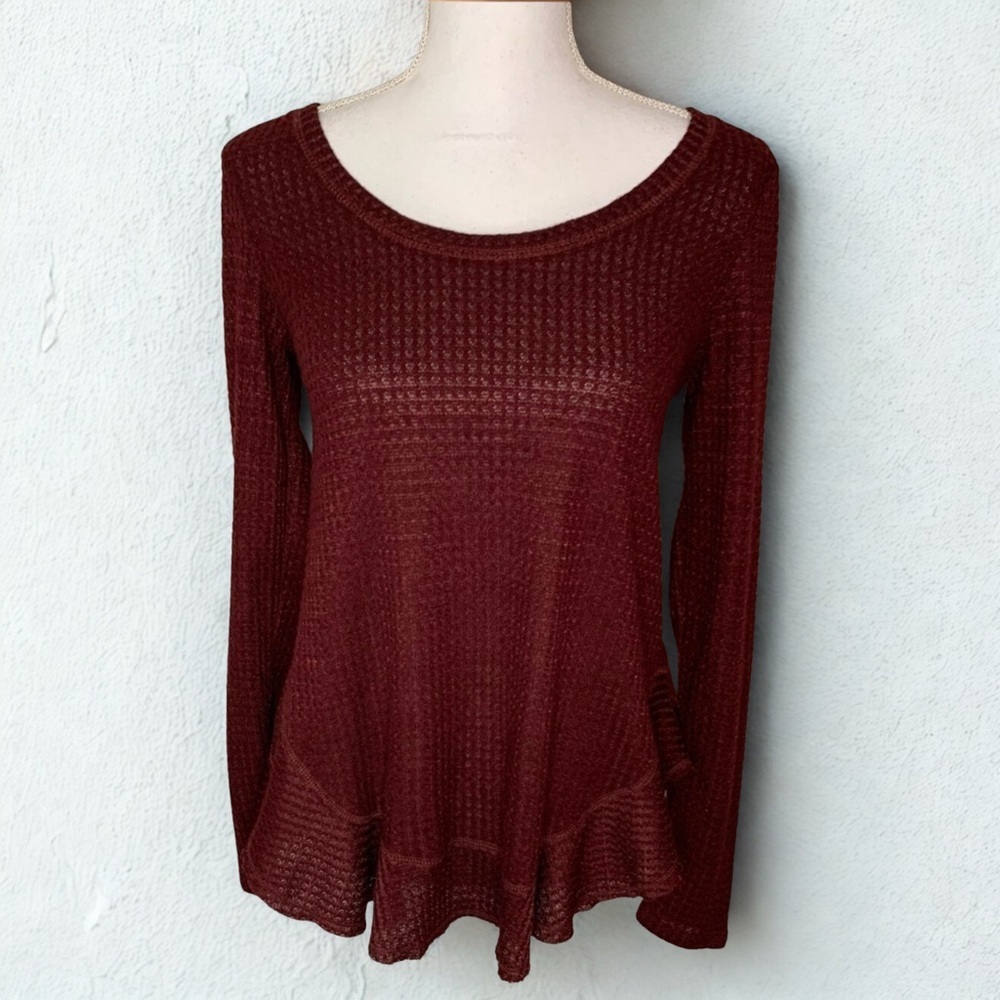 Saturday Sunday by Anthropologie Boho Waffle Knit Top Women XS Wine Color